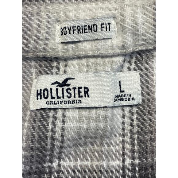 Hollister Flannel Shirt Large Gray/White Plaid Boyfriend Fit Pockets Jacket - Picture 3 of 6